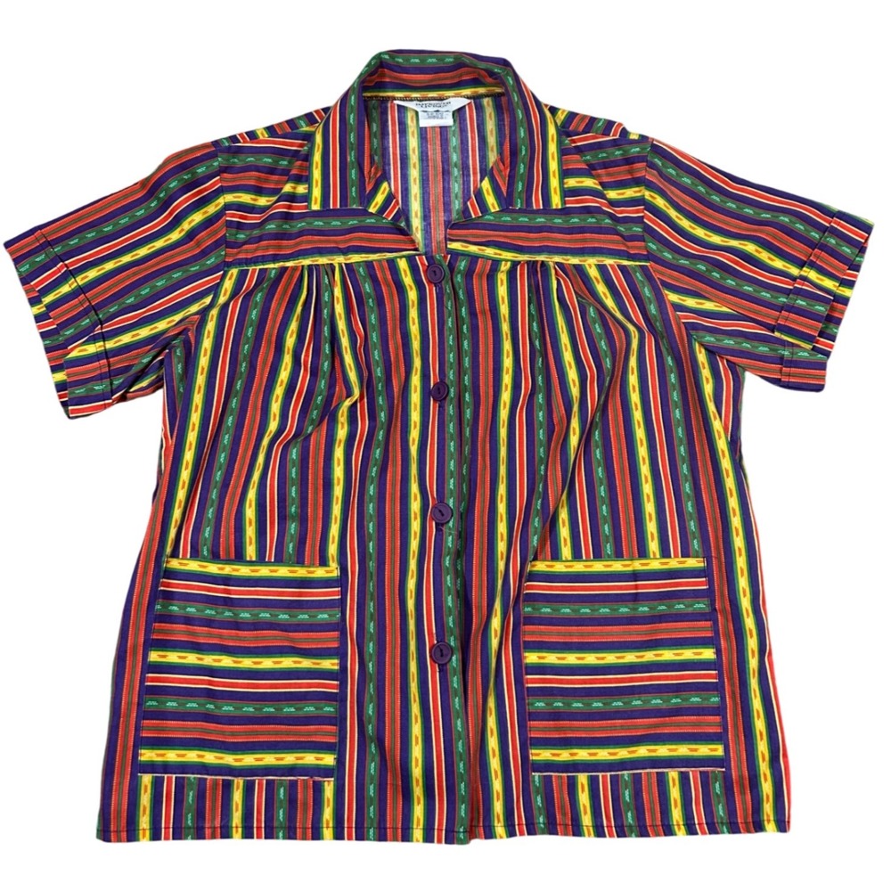 Vintage Womens Large Multi Color Striped Button‎ Up Short Sleeve Top Shirt Retro